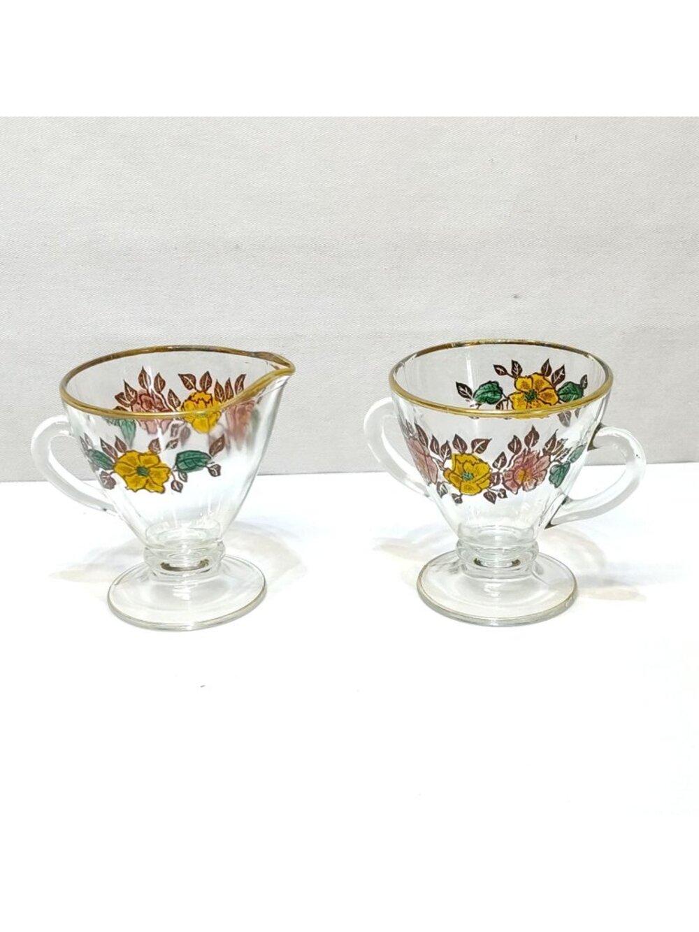 Vintage Glass Creamer & Sugar Set Floral Design Gold Rim Accents Artist Unknown